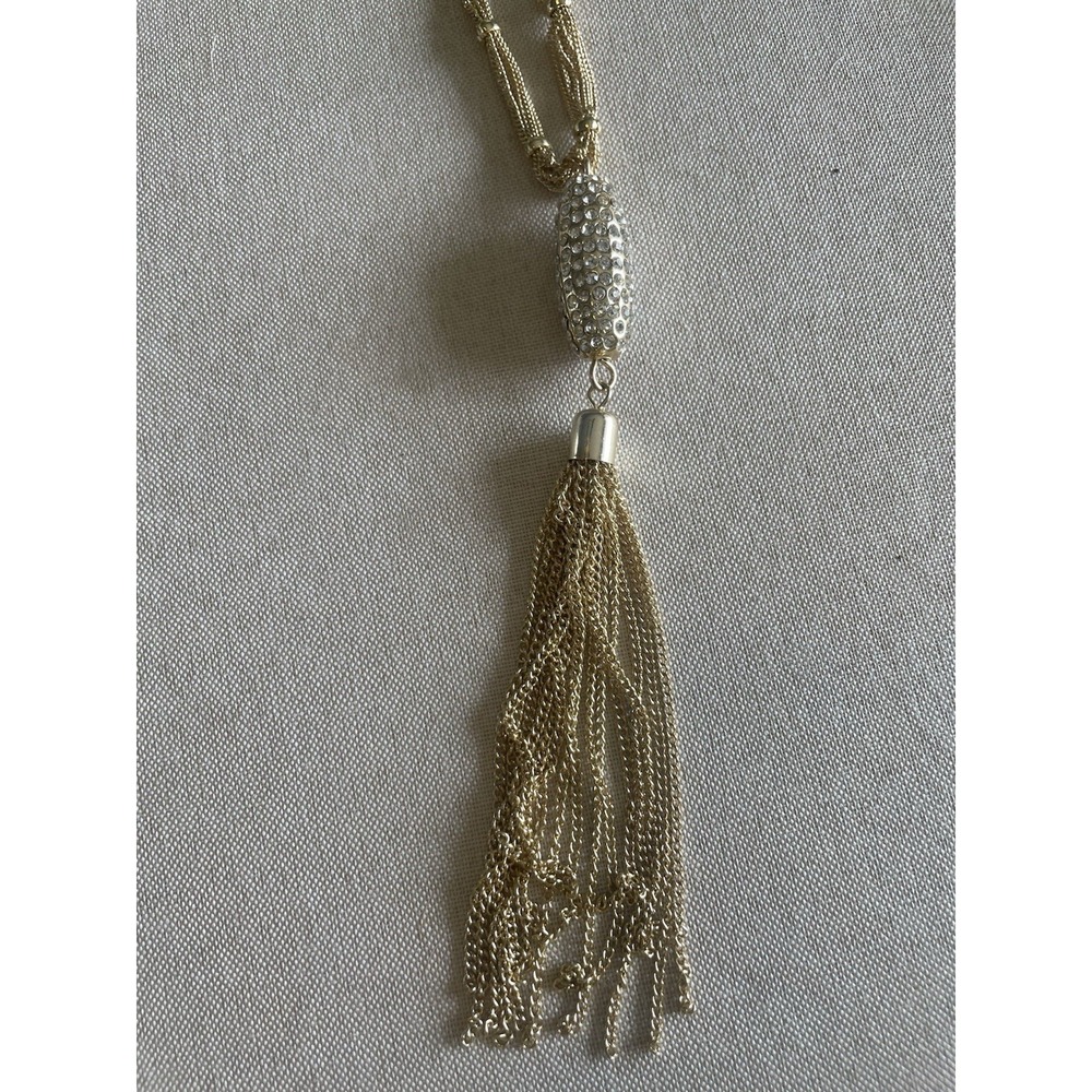 Gold Tone Tassel Necklace Rhinestone Bead Lariat Fringe Statement 19" Chain - Picture 2 of 8